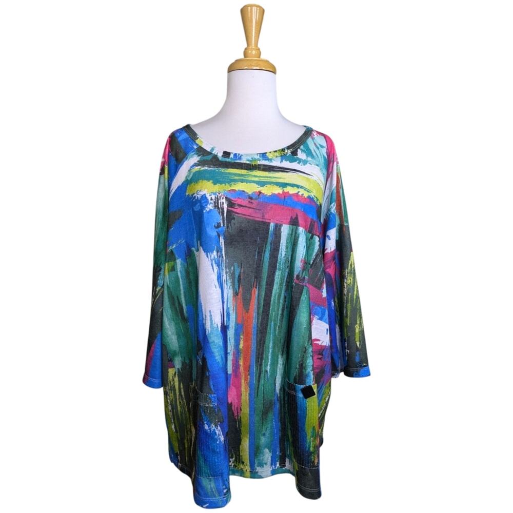 Ali Miles Tunic Top 1X Lagenlook Artsy Abstract Watercolor Sequin Statement - Picture 2 of 10